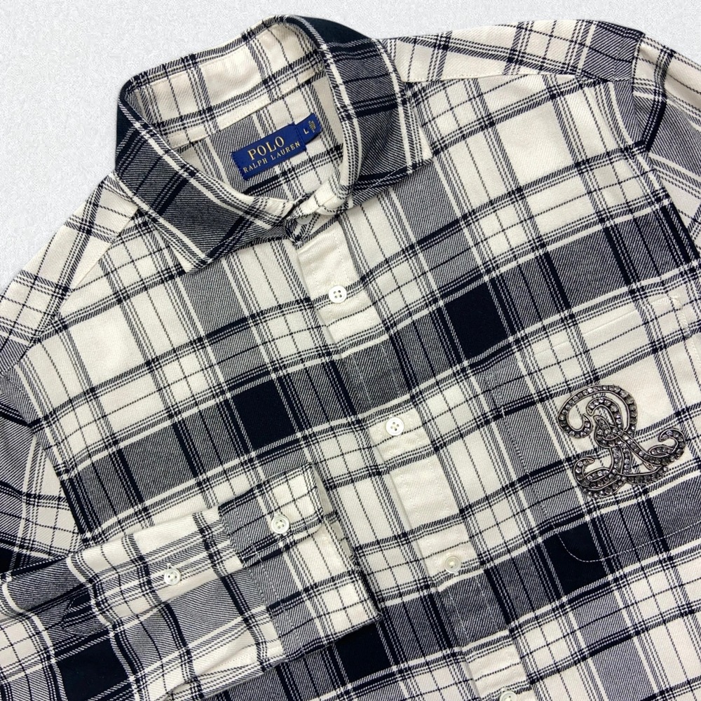 Polo Ralph Lauren Flannel Shirt Womens Large Black White Plaid Rhinestone Crest